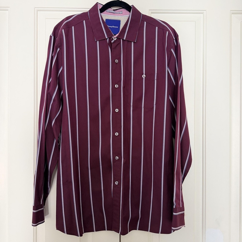 Tommy Bahama Shirt Mens XL Red Stripe Long Sleeve Button Up Cotton Casual Top